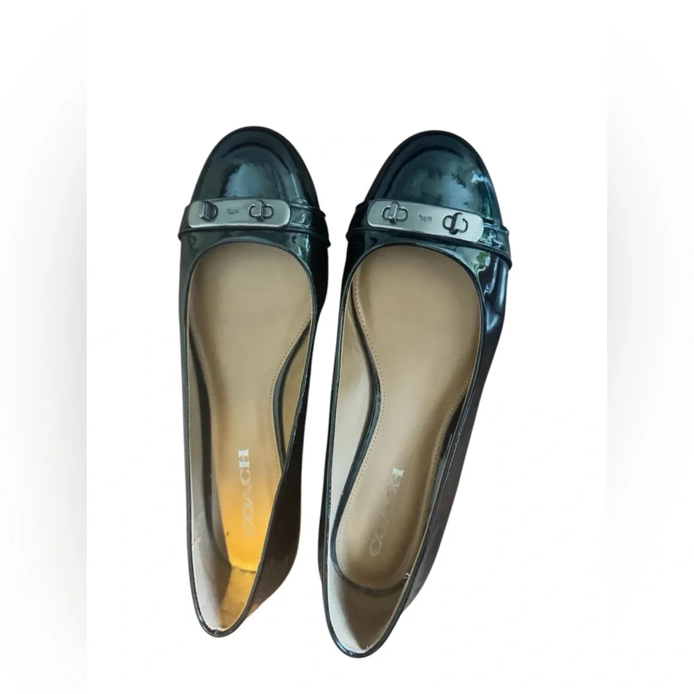 COACH Oswald Black Patent Leather Ballerina Flats with Metal Buckle Accent. - Picture 6 of 12